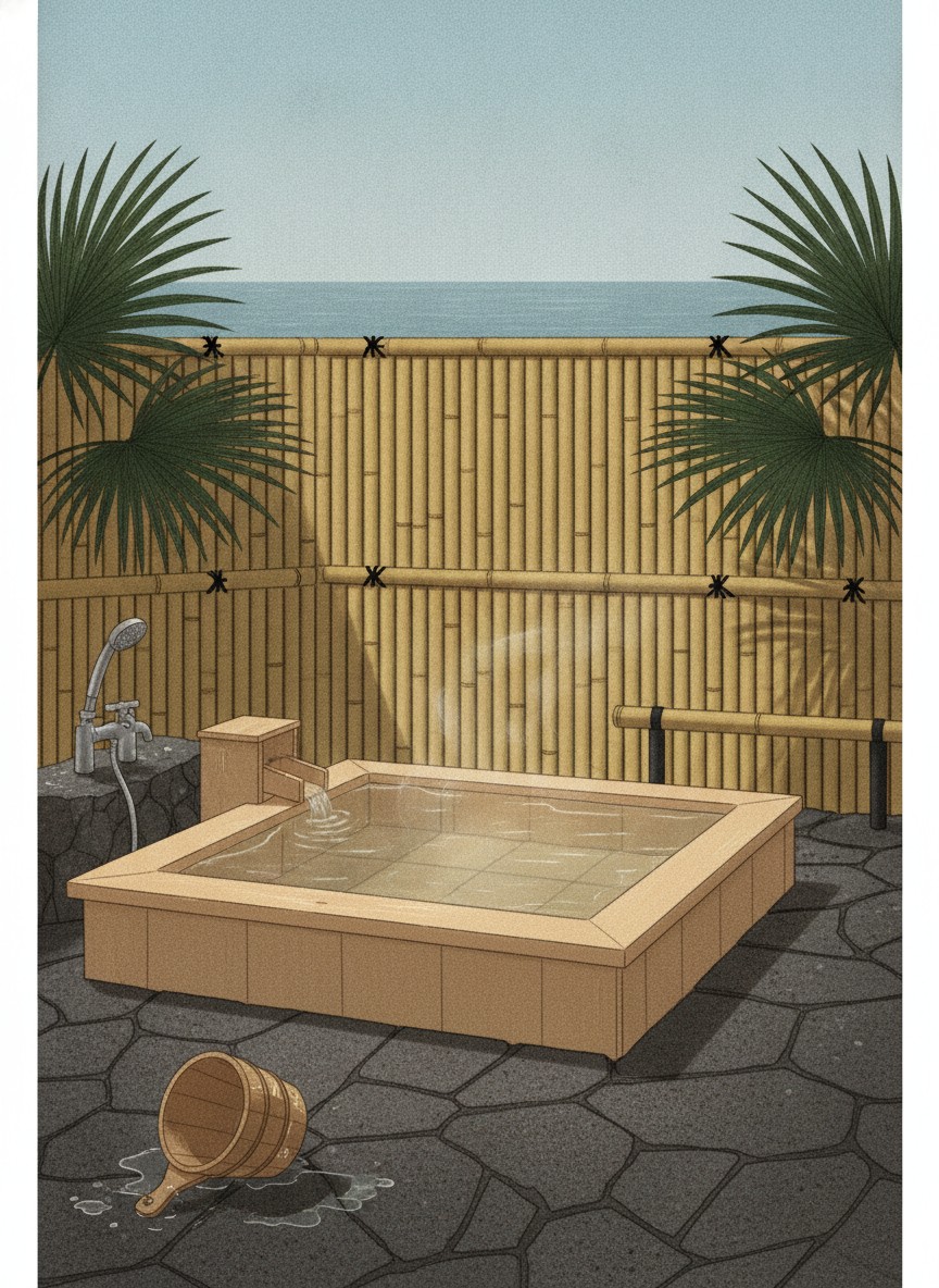 Illustration of Ryokan Yamadaya in Kitahonmachi, Obama Onsen, on the 905 block near Iseya and Yunoka