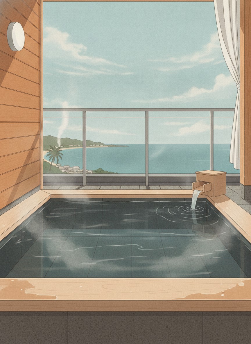 Illustration of Tsutaya Ryokan in Kitahonmachi, Obama Onsen, on the seafront road above Tachibana Bay