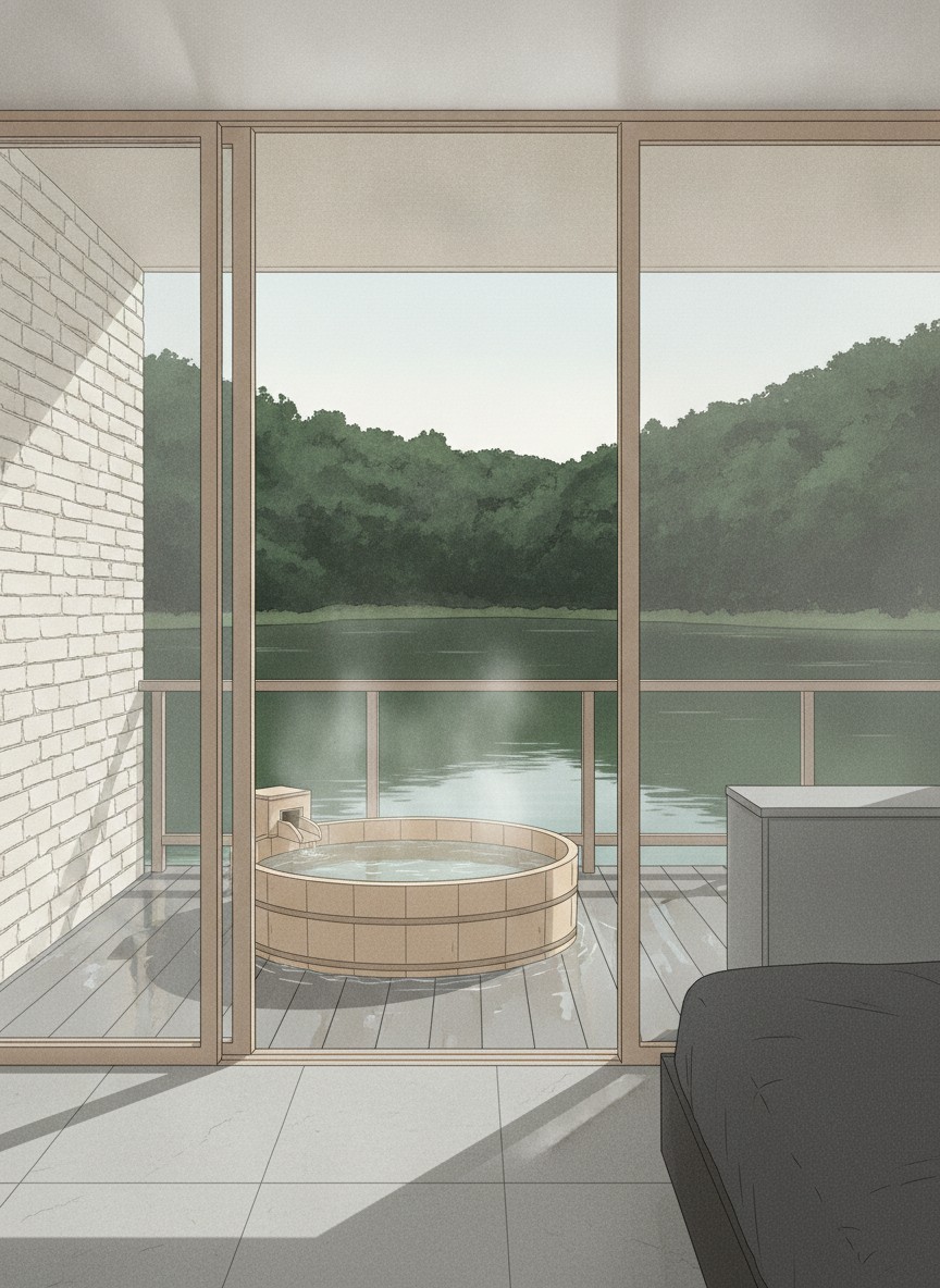 Illustration of Azumaen in Unzen Onsen, above Oshidori Pond at the north end of town