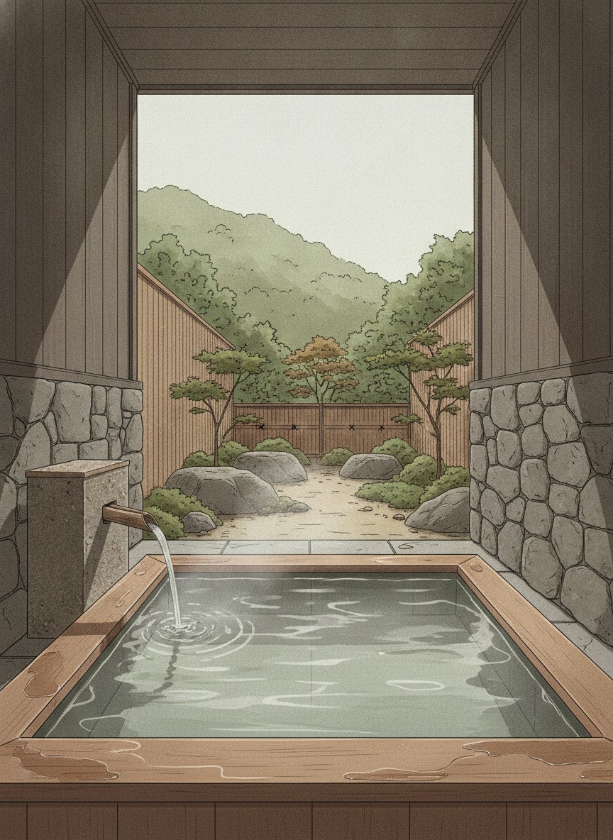 Illustration of Unzen Fukudaya and Yamateru Bettei in Unzen Onsen, on the road below the Jigoku, a short walk from the Unzen Vidro Museum
