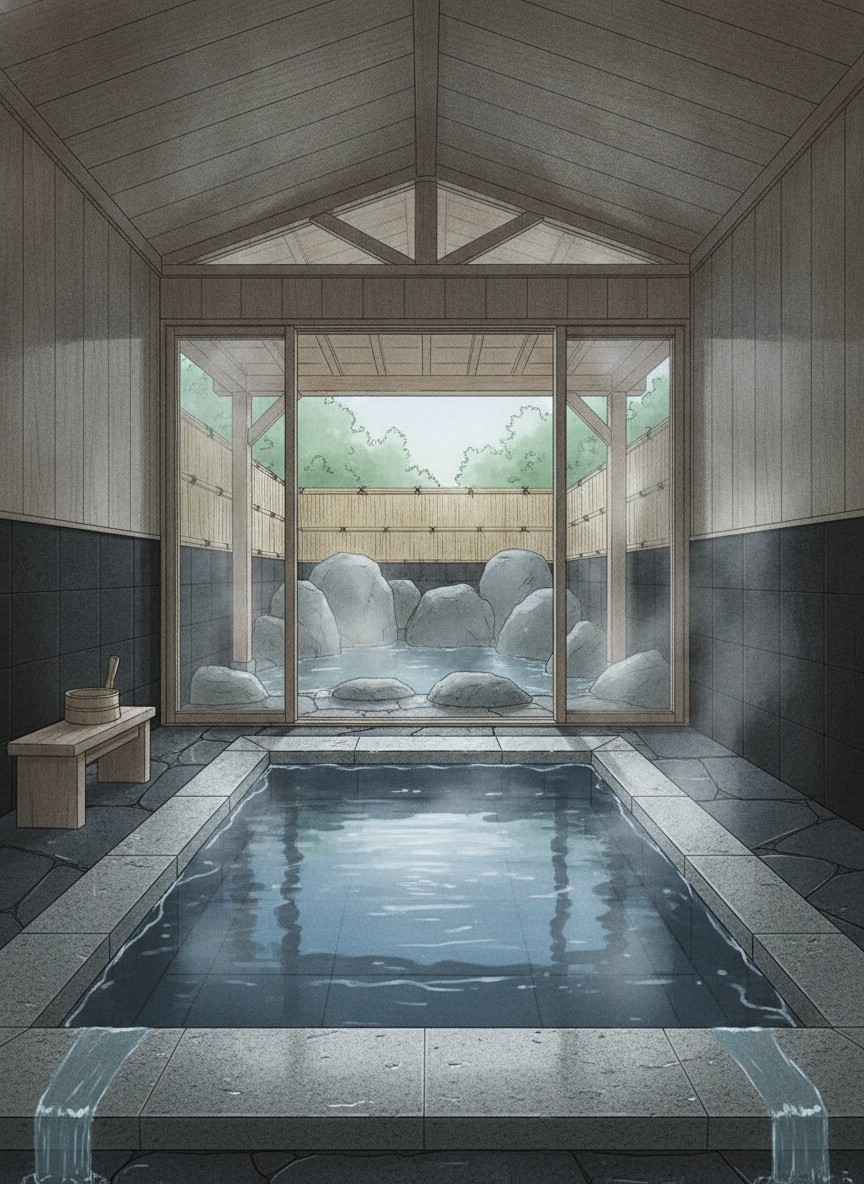 Illustration of Ryotei Hanzuiryo in Unzen Onsen, on the wooded slope west of the town, inside the national park