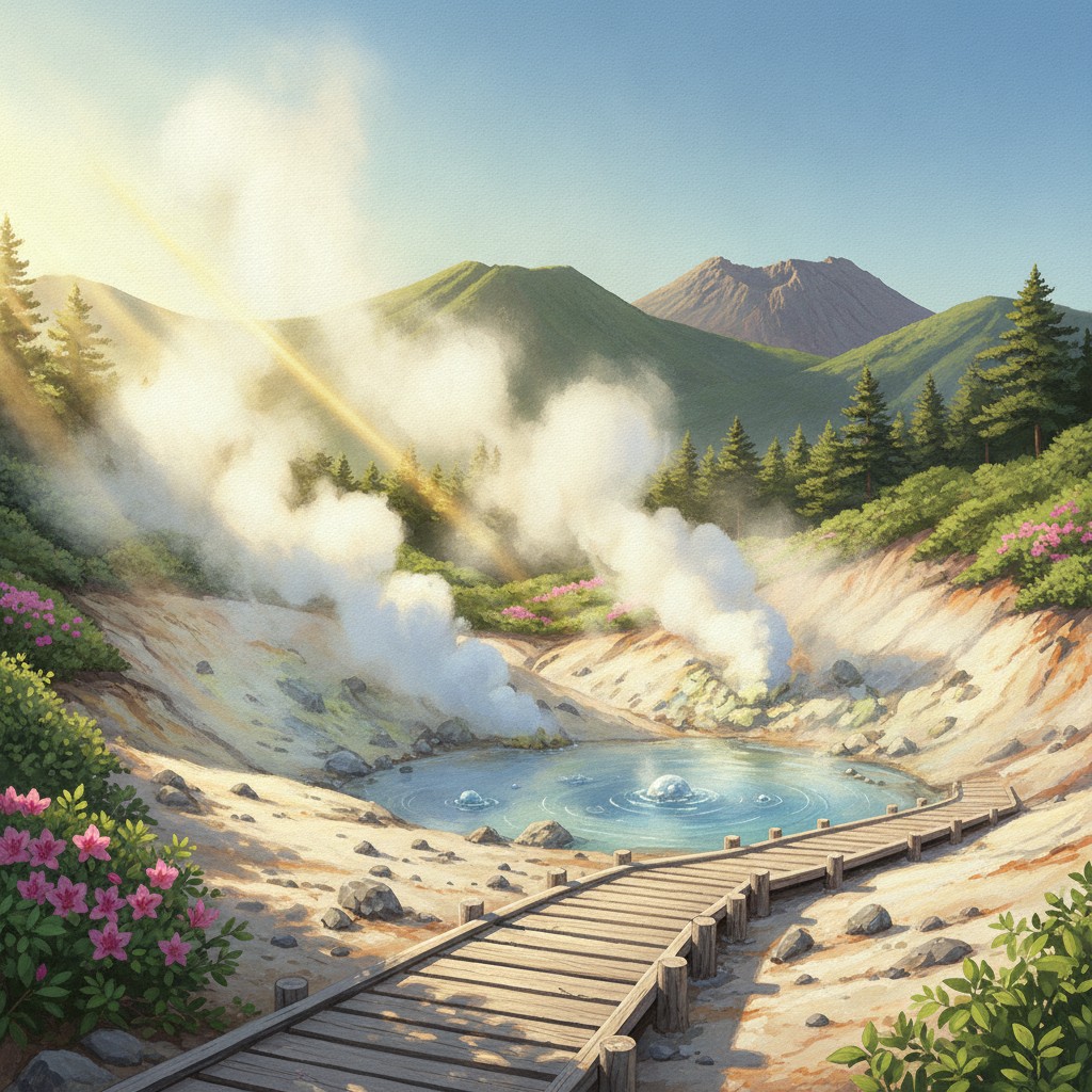 Illustration of the Unzen hells on a clear morning: a wooden boardwalk past steaming vents and a milky blue pool, azaleas in bloom and the Unzen peaks behind