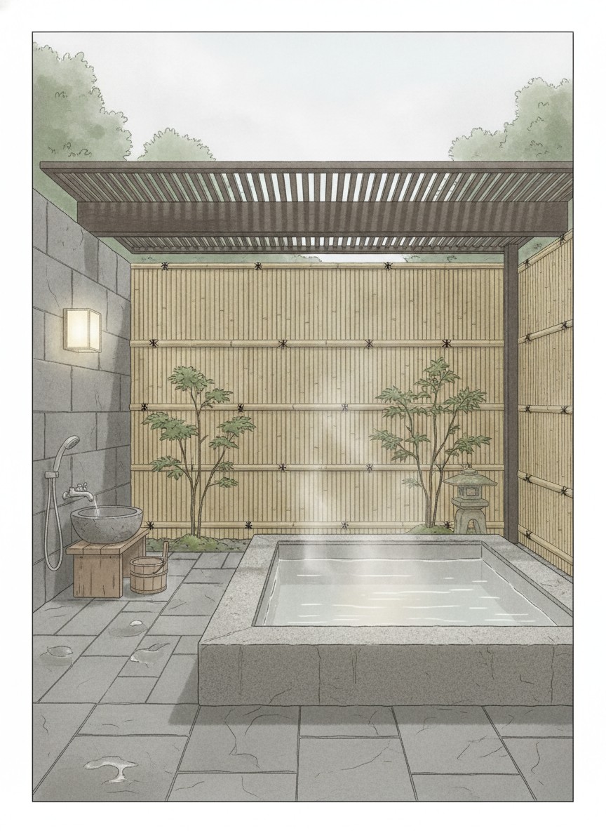 Illustration of Unzen Iwaki Ryokan in Unzen Onsen, a minute from the Shimatetsu bus office