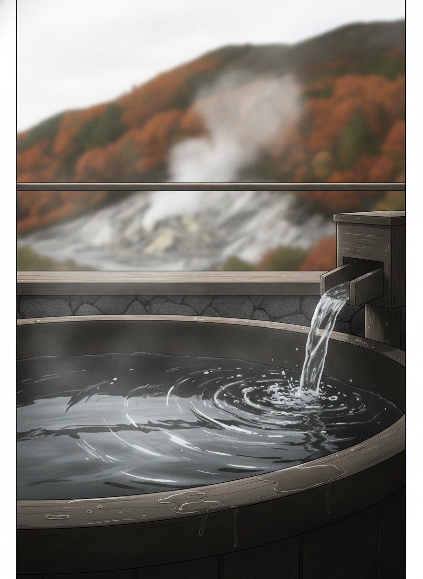 Illustration of Unzen Kyushu Hotel in Unzen Onsen, on the edge of the Unzen Jigoku