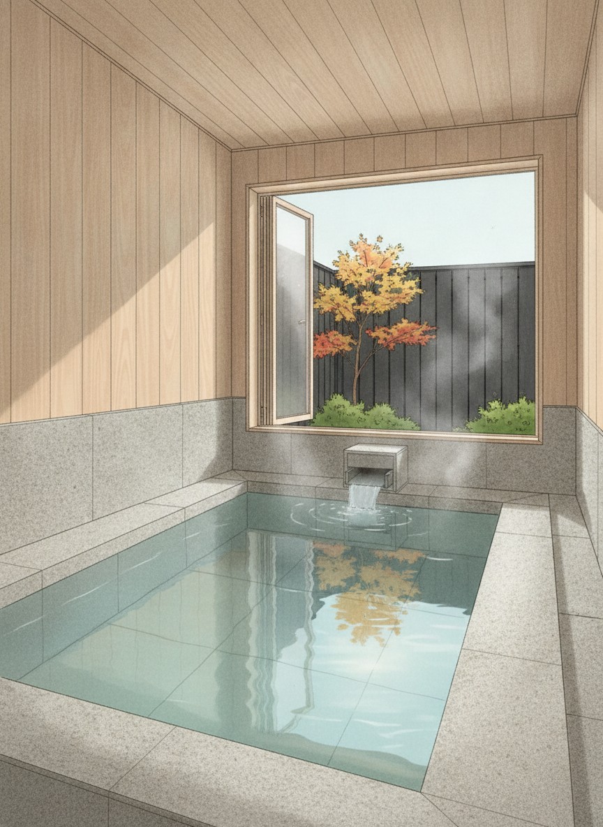 Illustration of Unzen Miyazaki Ryokan in Unzen Onsen, three minutes on foot from the Jigoku, with a Japanese garden