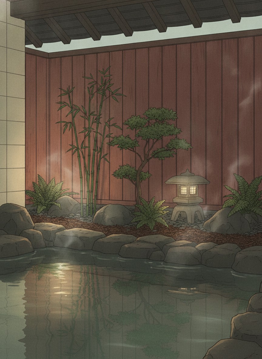 Illustration of Yuyado Unzen Shinyu in Unzen Onsen, beside the Jigoku, at the Oyama information center bus stop