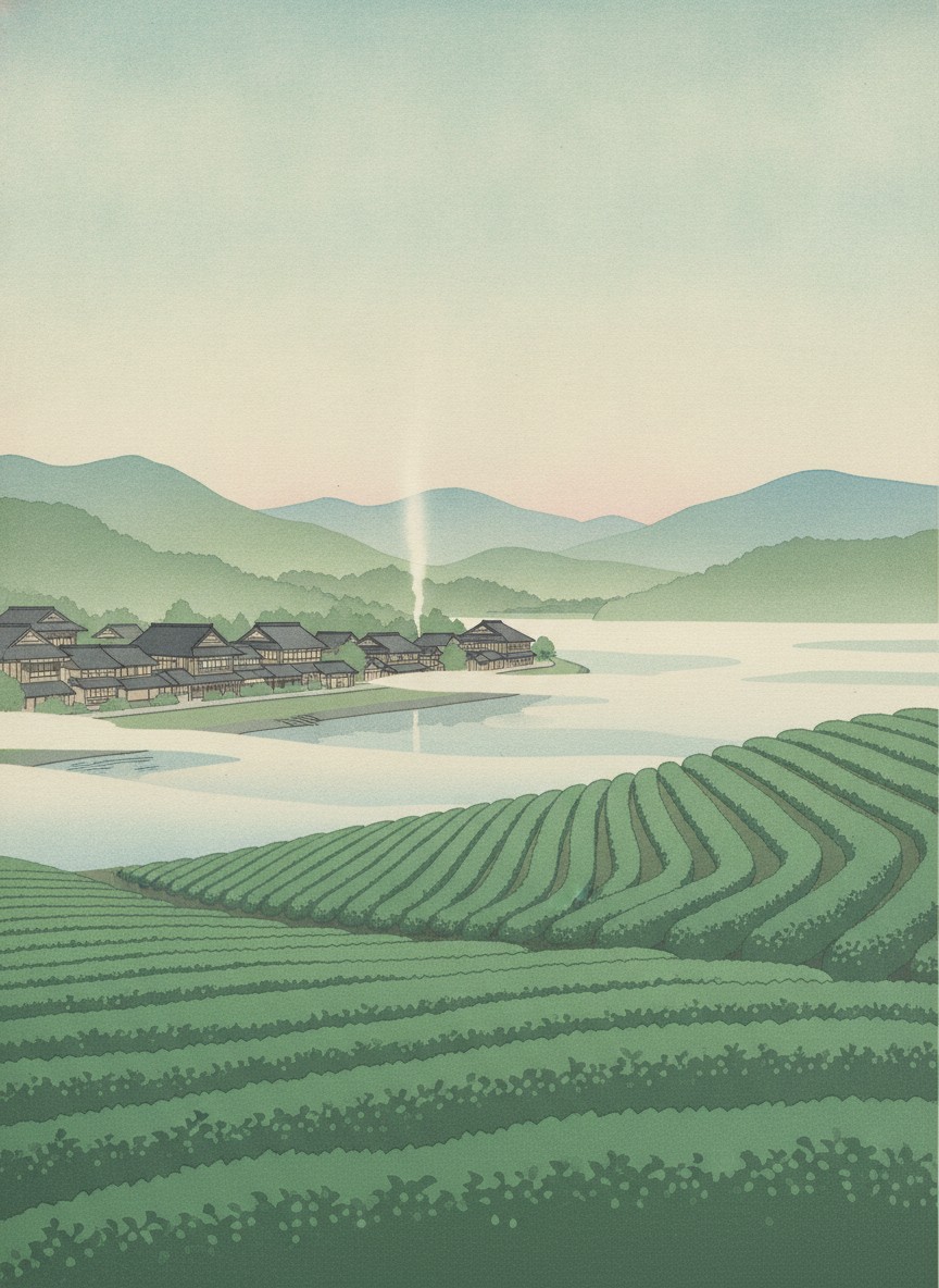 Illustration of Ureshino in spring: terraced green tea fields above the town, mist in the valley and steam rising among the inns
