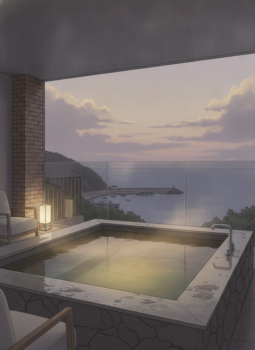 Illustration of Kitakobushi Shiretoko Hotel & Resort in Utoro Higashi, on the waterfront beside the harbor