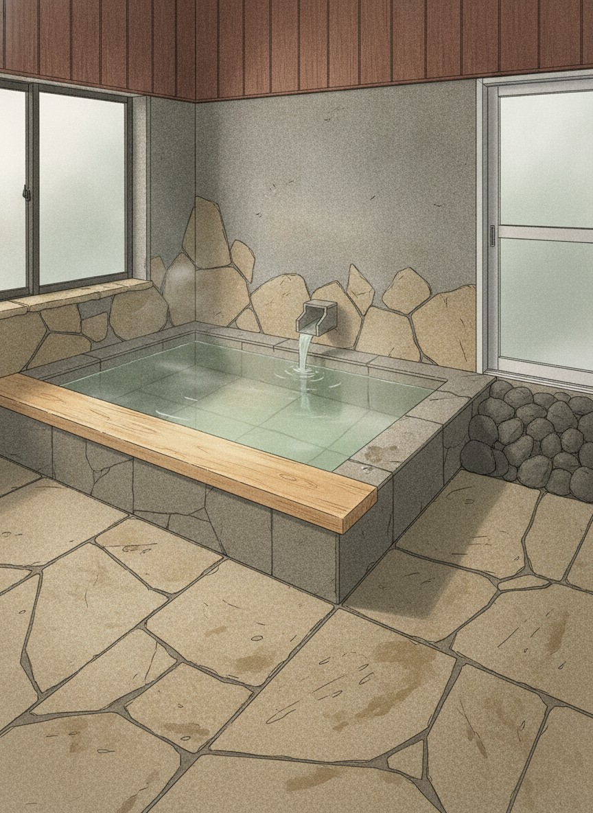 Illustration of Ryokan Kadoya in Hirayama Onsen, in the middle of the village, a minute from the Hirayama Onsen-mae bus stop