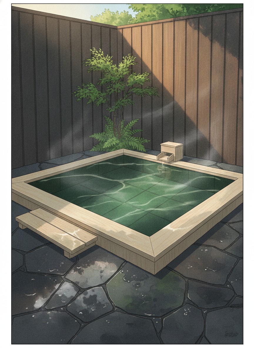 Illustration of Hirayama Onsen Yunokura in Hirayama Onsen, a compound of cottages and a day-use hall off the valley road