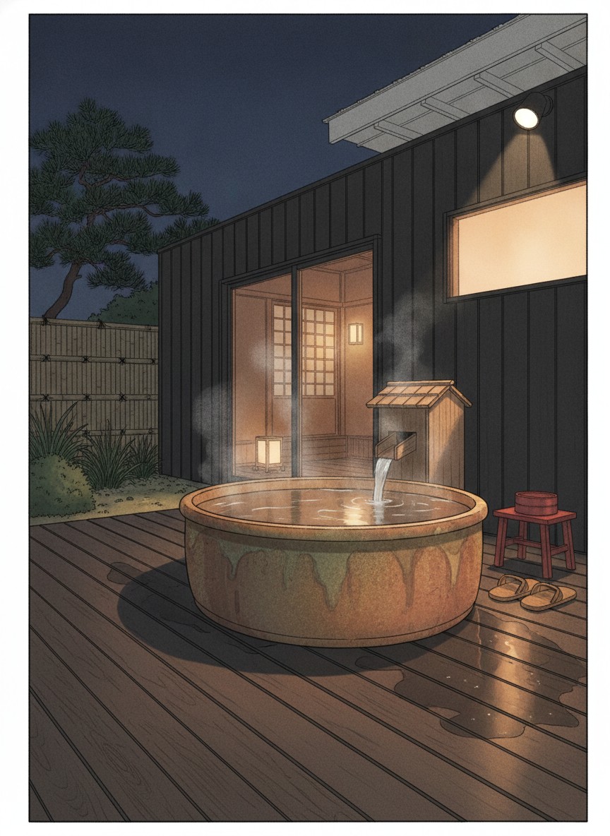 Illustration of Satoyama no Kakureyado Kafutei in Kikuka Onsen, in farmland at Ikenaga, Kikuka, about 13 km east of Yamaga town