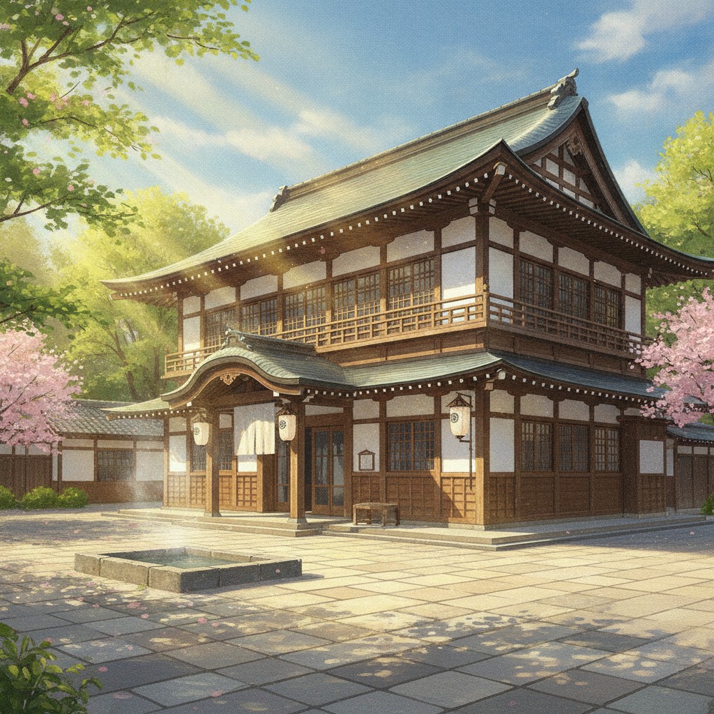 Illustration of Sakurayu, Yamaga&rsquo;s grand wooden public bathhouse, on a bright spring morning, with a steaming foot bath in the stone square