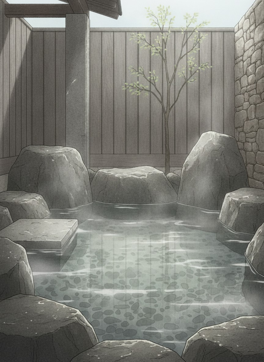 Illustration of Ichiboku Isso in Hirayama Onsen, at Jin-no-uchi in the hills north-west of Yamaga town