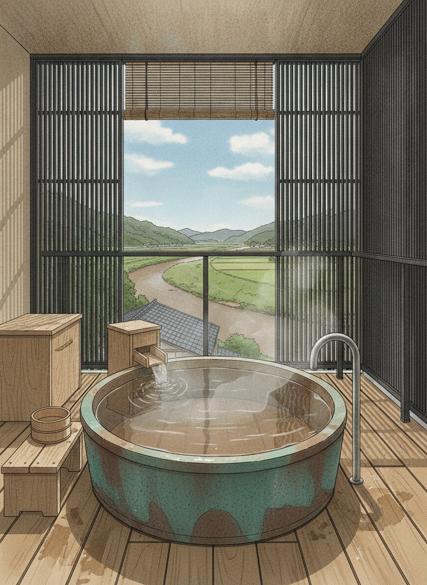 Illustration of Yamaga Onsen Seiryuso in Yamaga town, on the Kikuchi river three minutes on foot from the Yamaga Shimomachi bus stop
