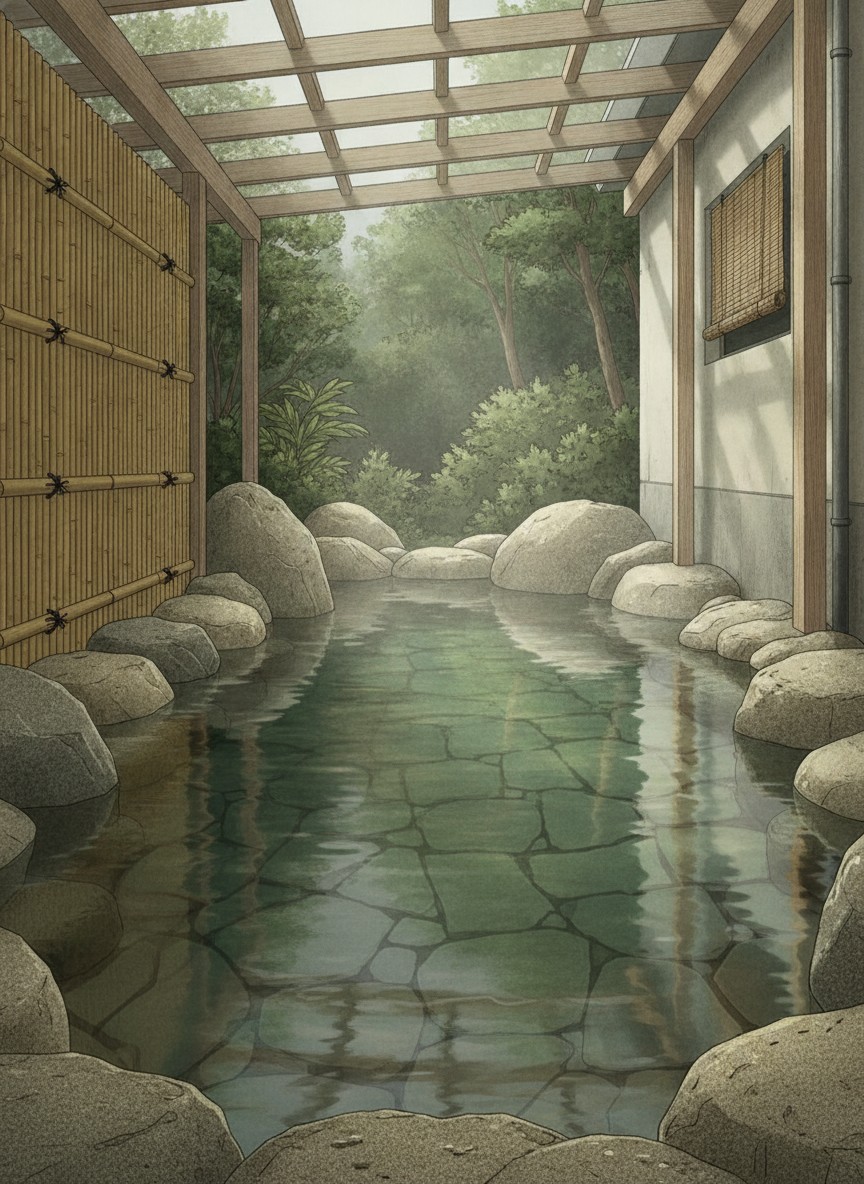Illustration of Miyakowasure no Yado Korogiro in Yamanaka Onsen, Korogimachi, at the foot of Korogi Bridge