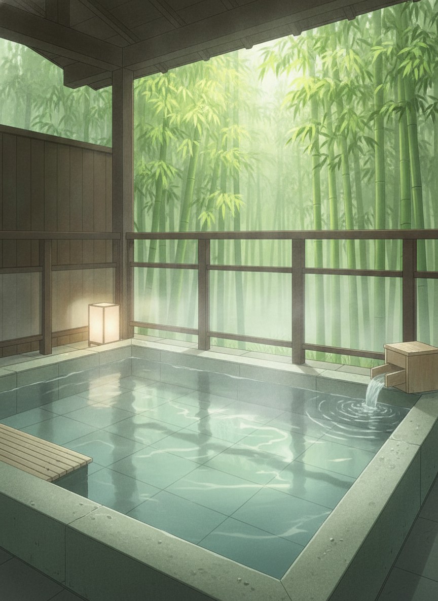Illustration of Kuriya Yasohachi in Yamanaka Onsen, Sugayamachi, south of Korogi Bridge with rice fields below the lobby