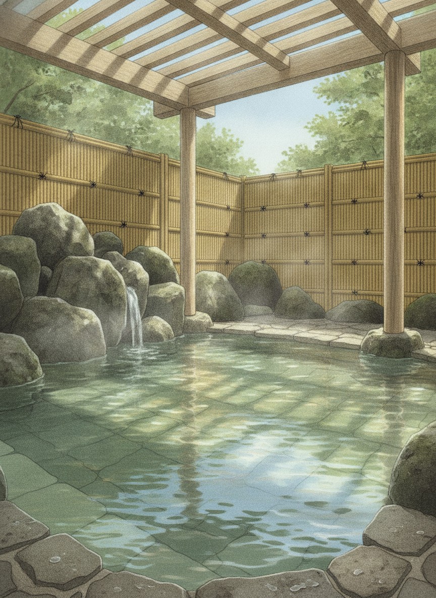 Illustration of Ooedo Onsen Monogatari Yamanaka Saichoraku in Yamanaka Onsen, Korogimachi, near the upstream end of the gorge