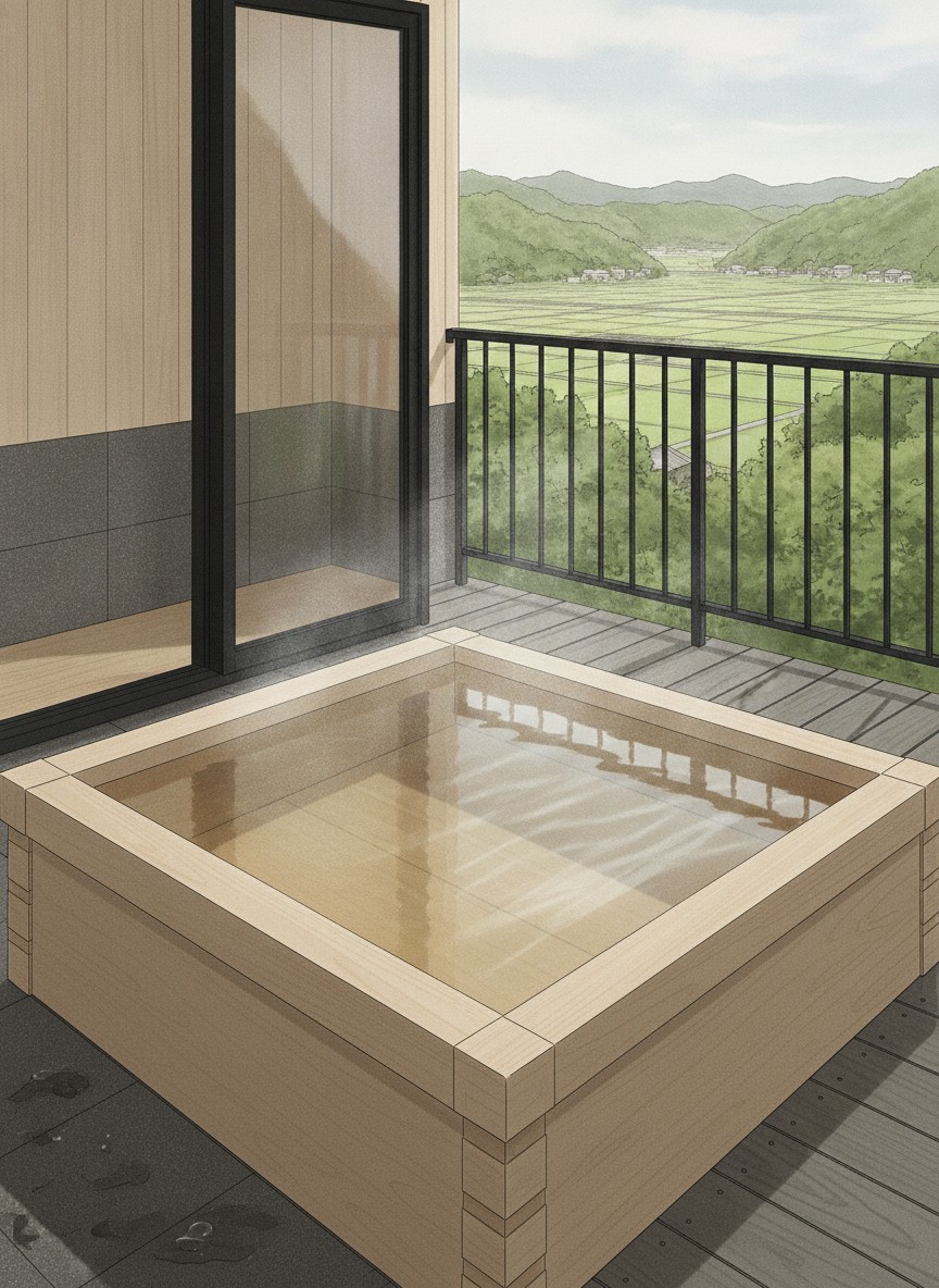 Illustration of Yamanaka Onsen Hanatsubaki in Yamanaka Onsen, Kayanomachi, at the far upstream end of the valley