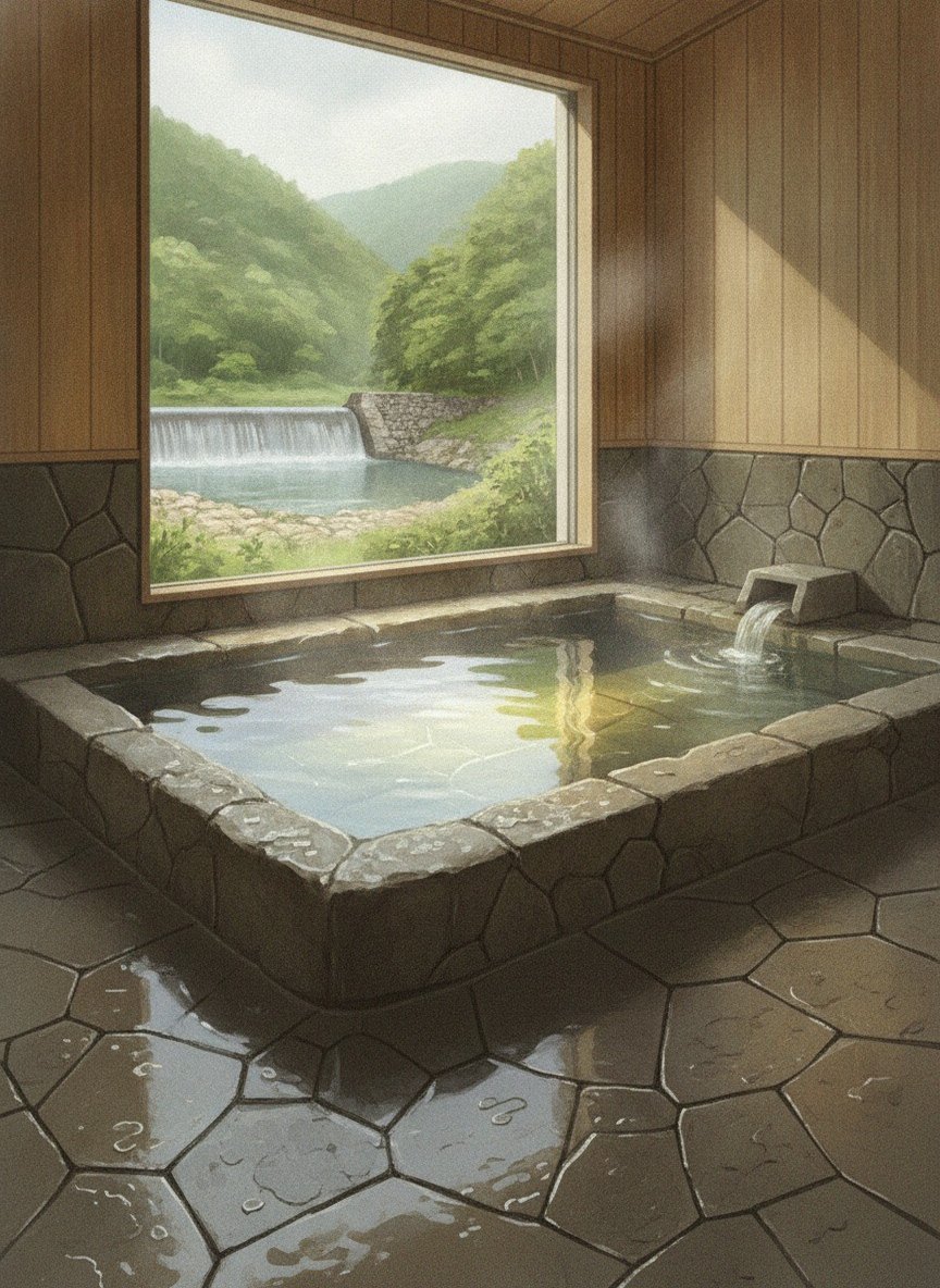 Illustration of Genroku Hatago Aburaya in the middle of the Yubara onsen street, beside the Asahi river