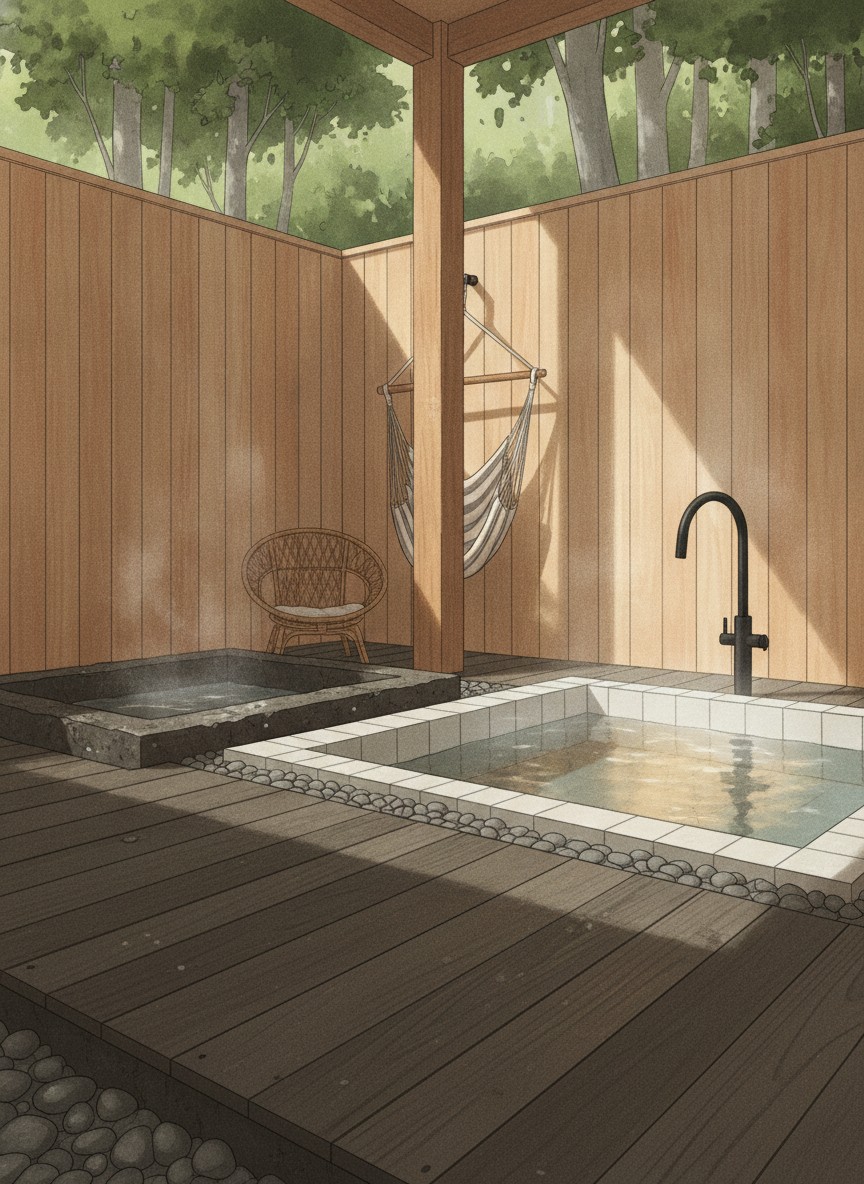 Illustration of Yubara no Yado Komeya in East end of the Yubara onsen street, set back from the river