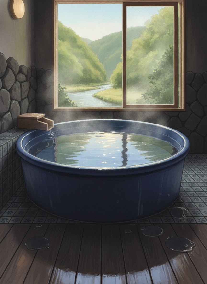Illustration of Matsunoya Hanaizumi in the south end of the Yubara onsen street