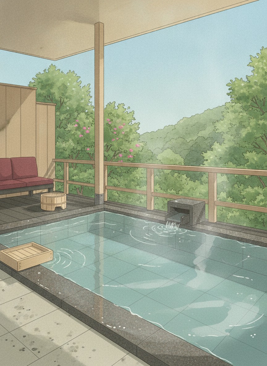 Illustration of Wankoan in Shimo-Yubara, the hamlet downstream from the Yubara onsen street