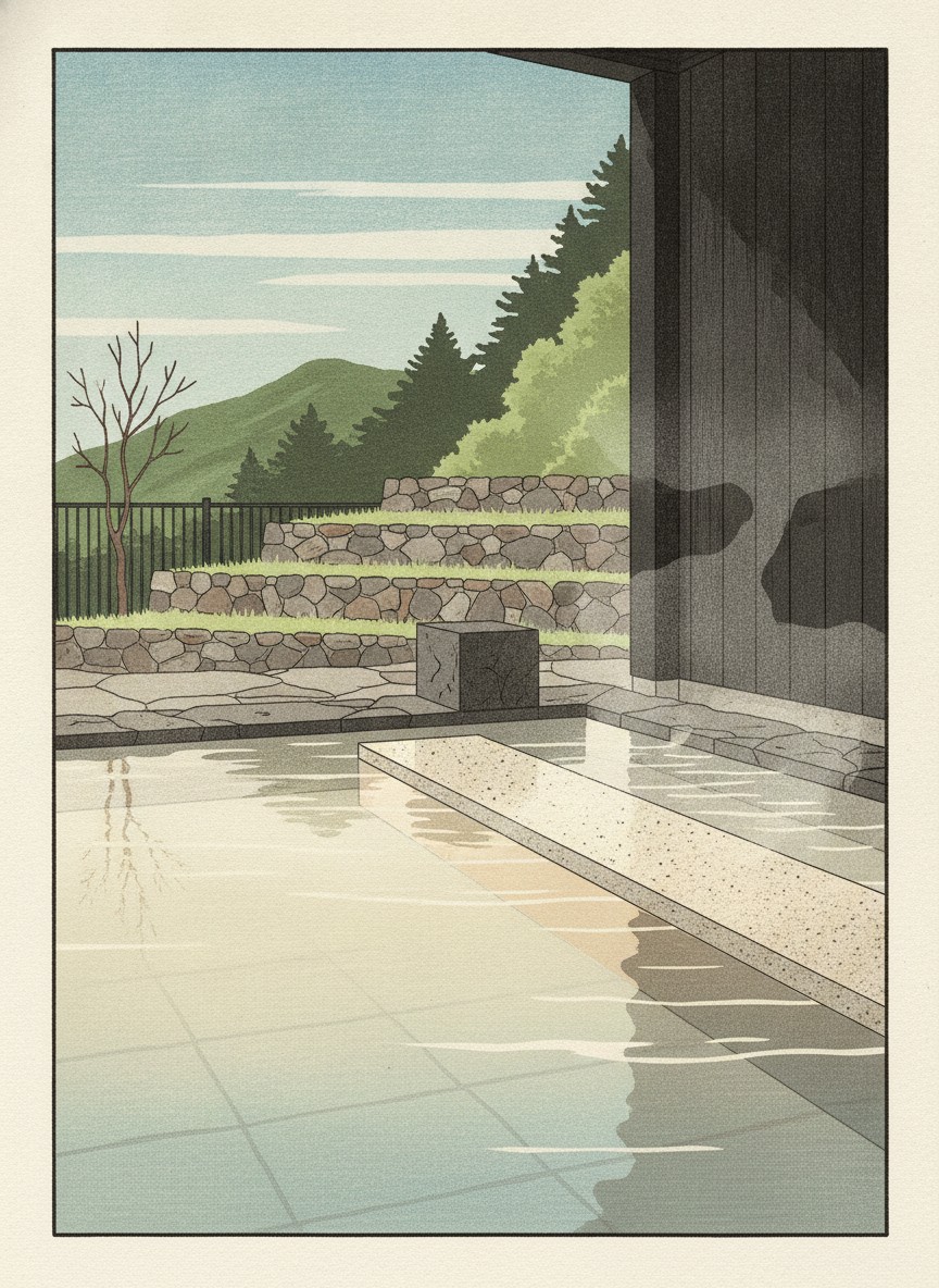 Illustration of Hoshino Resorts KAI Yufuin in Kawakami, in the terraced rice fields below Mount Yufu