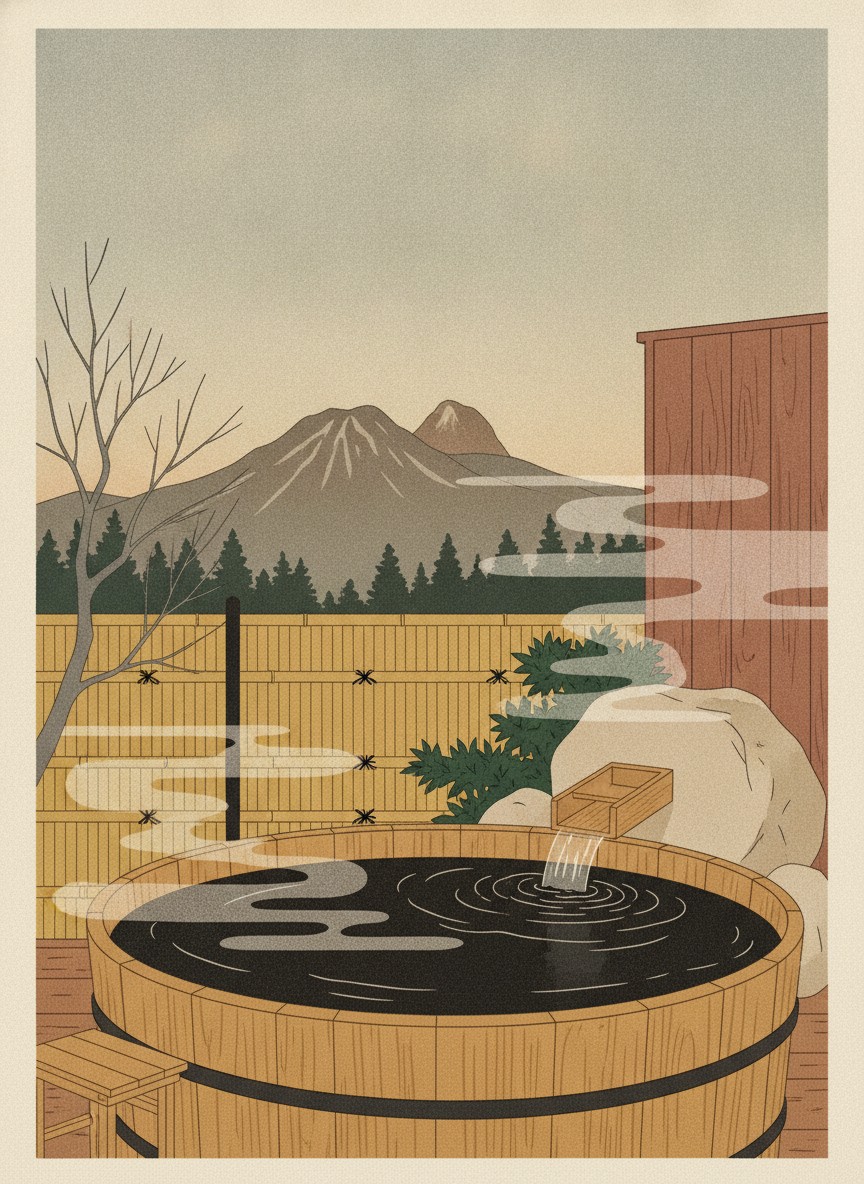 Illustration of Saigakukan in Kawakami, on the rise looking straight at Mount Yufu