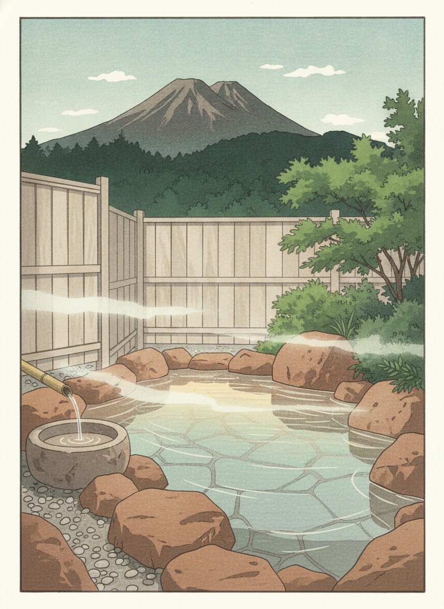Illustration of Yama no Hotel Musouen in Kawaminami, on the slope at the south rim of the Yufuin basin