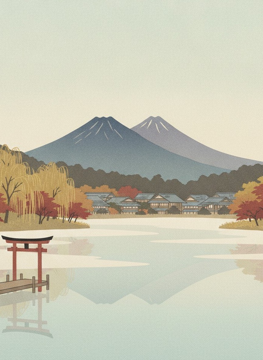 Illustration of Lake Kinrin at Yufuin in autumn: mist on the water, a red torii at the jetty, and the twin peaks of Mount Yufu behind the town
