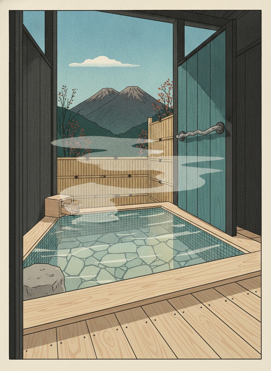 Illustration of Yufuin Hoteiya in Kawakami, on the hillside above the Flora Village end of town