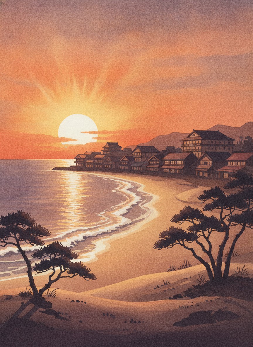 Illustration of Yunohama Onsen's beachfront ryokan at sunset over the Sea of Japan