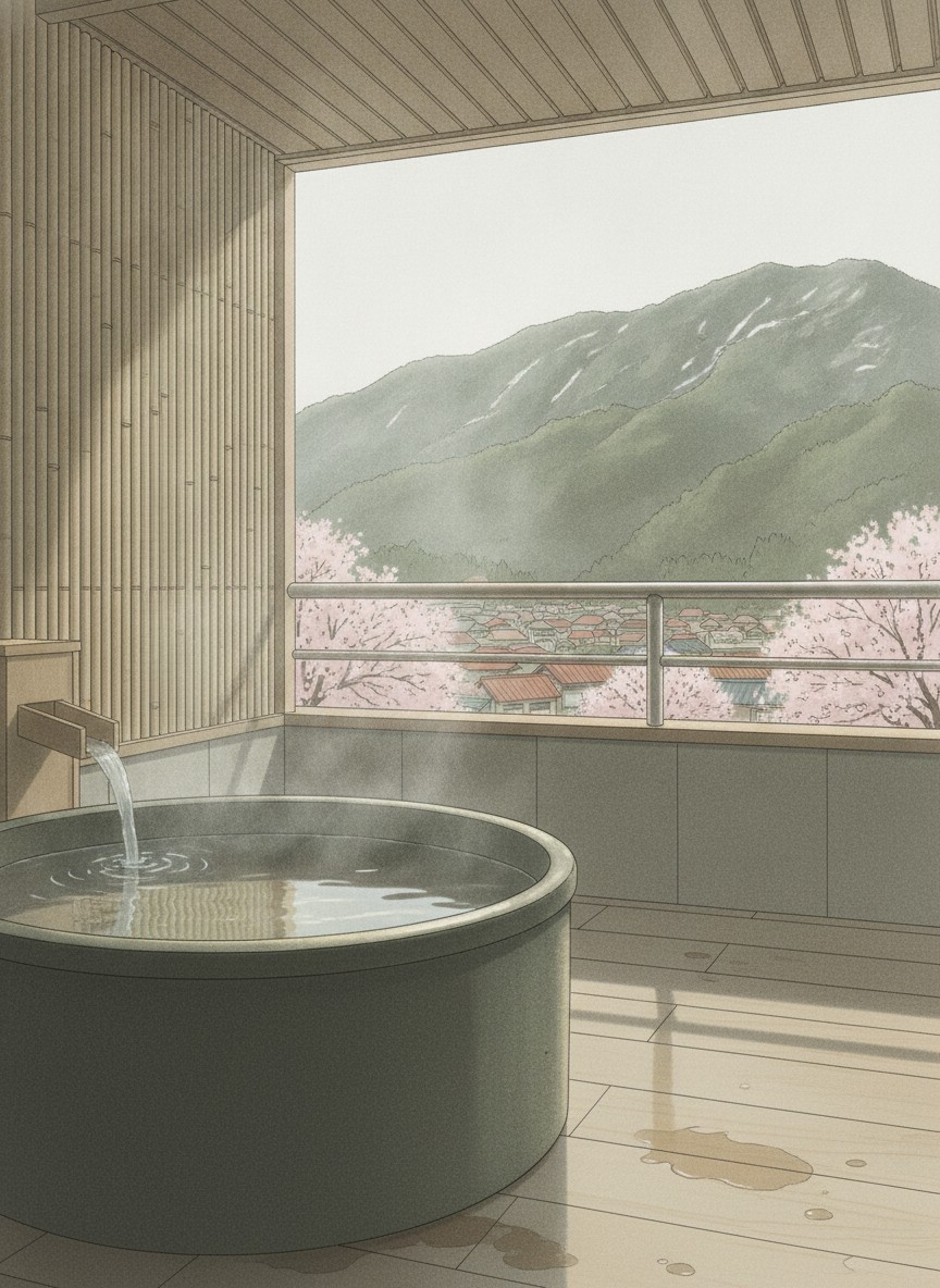 Illustration of Hotel Futaba in Yuzawa, on the rise above the town center