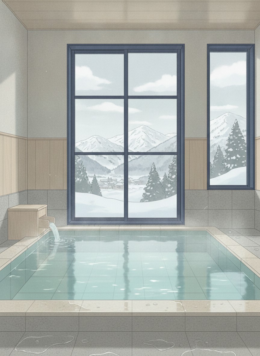 Illustration of Yukiguni no Yado Takahan in Yuzawa Yumoto, on the hill above the west side of town