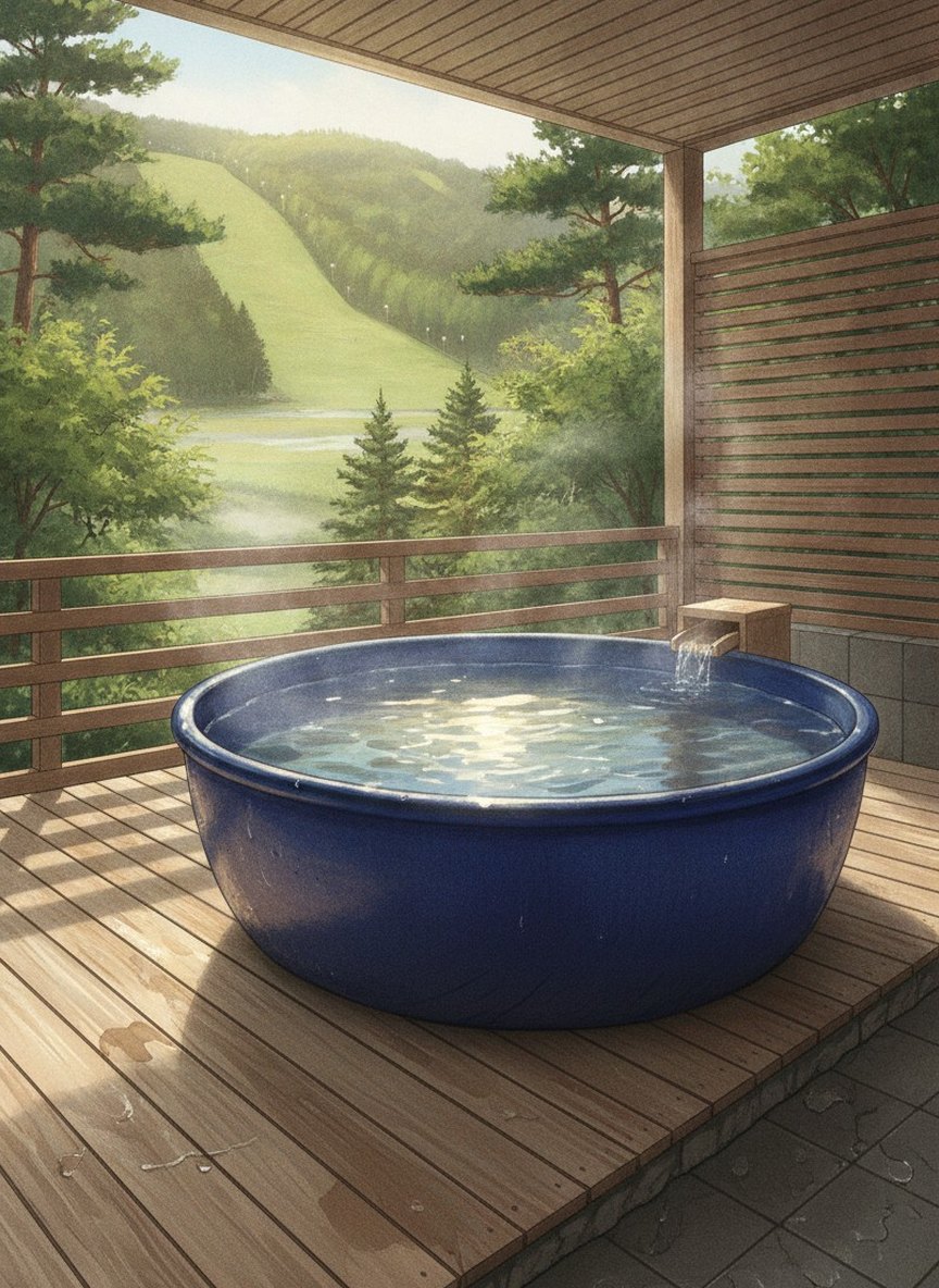 Illustration of Takamiya Hotel Rurikura Resort in Zao Onsen, at Mitogawa facing the Yokokura slope, a minute from the Zao Ropeway